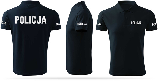 Granatowa męska bawełniana koszulka polo z nadrukiem odblaskowym POLICJA