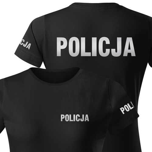 Koszulka damska T-shirt, kolor czarny, nadruk odblaskowy POLICJA