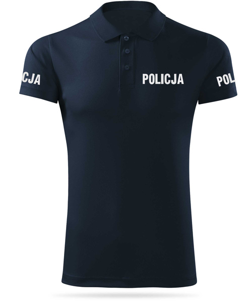 Granatowa męska termoaktywna koszulka polo z nadrukiem odblaskowym POLICJA