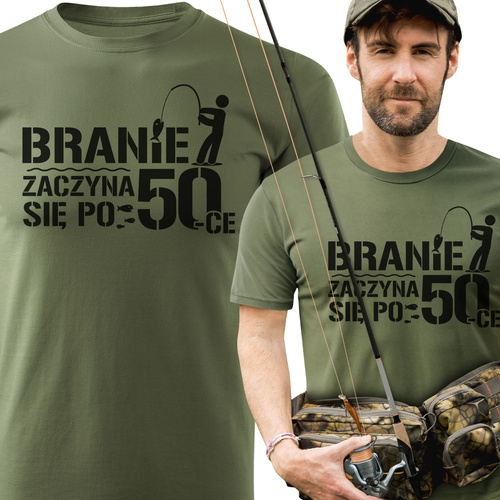 Koszulka wędkarska khaki z nadrukiem - BRANIE ZACZYNA SIĘ PO 50-tce