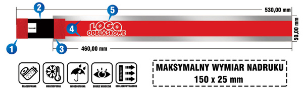 Opaska odblaskowa z gumką indywidualny nadruk 5 cm czerwona