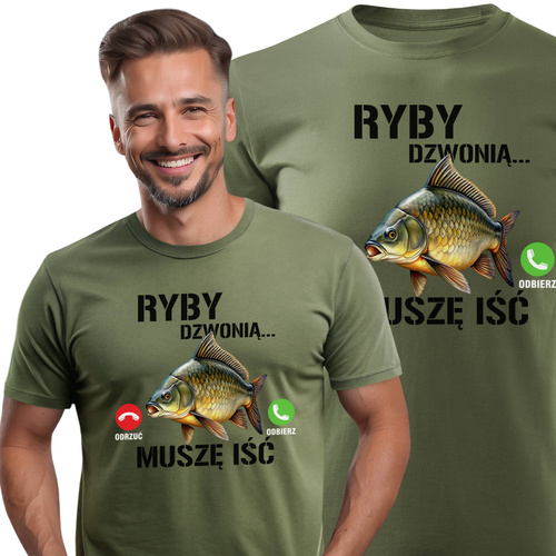 Wędkarska koszulka T-shirt khaki nadruk RYBY DZWONIĄ - MUSZĘ IŚĆ