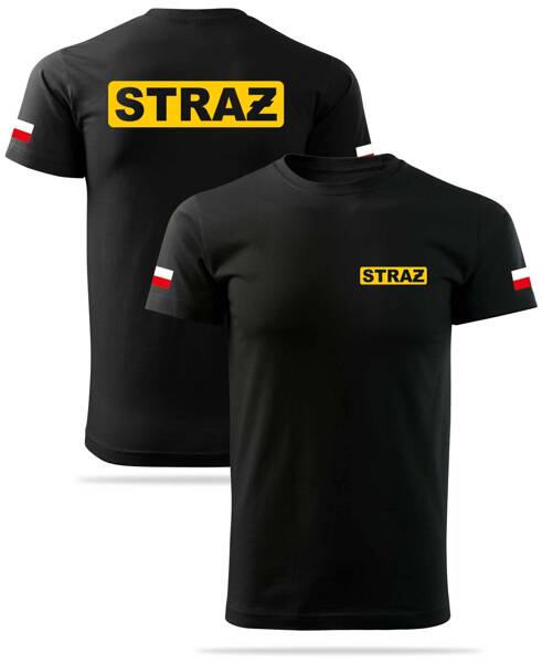 Koszulka czarna żółty nadruk w obrysie STRAŻ + flagi Polski