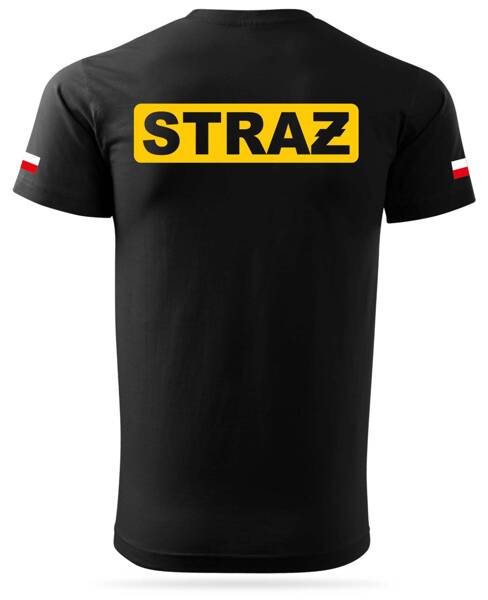 Koszulka czarna żółty nadruk w obrysie STRAŻ + flagi Polski